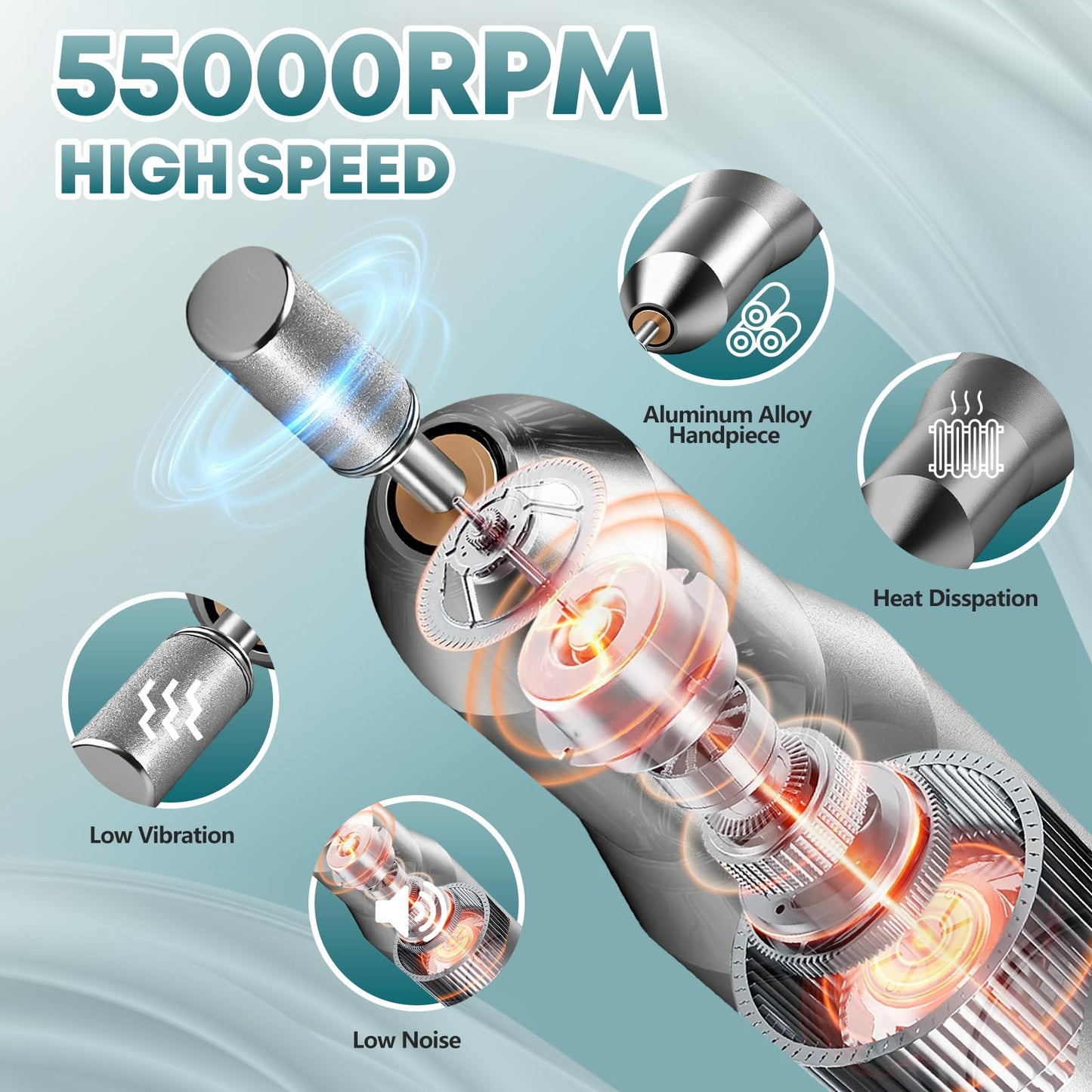 Professional Nail Drill Electric File, GEEZO 55000RPM Portable Cordless Nail Drill Machine with Bits, Rechargeable E File for Acrylic & Gel Nails, Manicure & Pedicure Tech Tool for Home Salon (White)