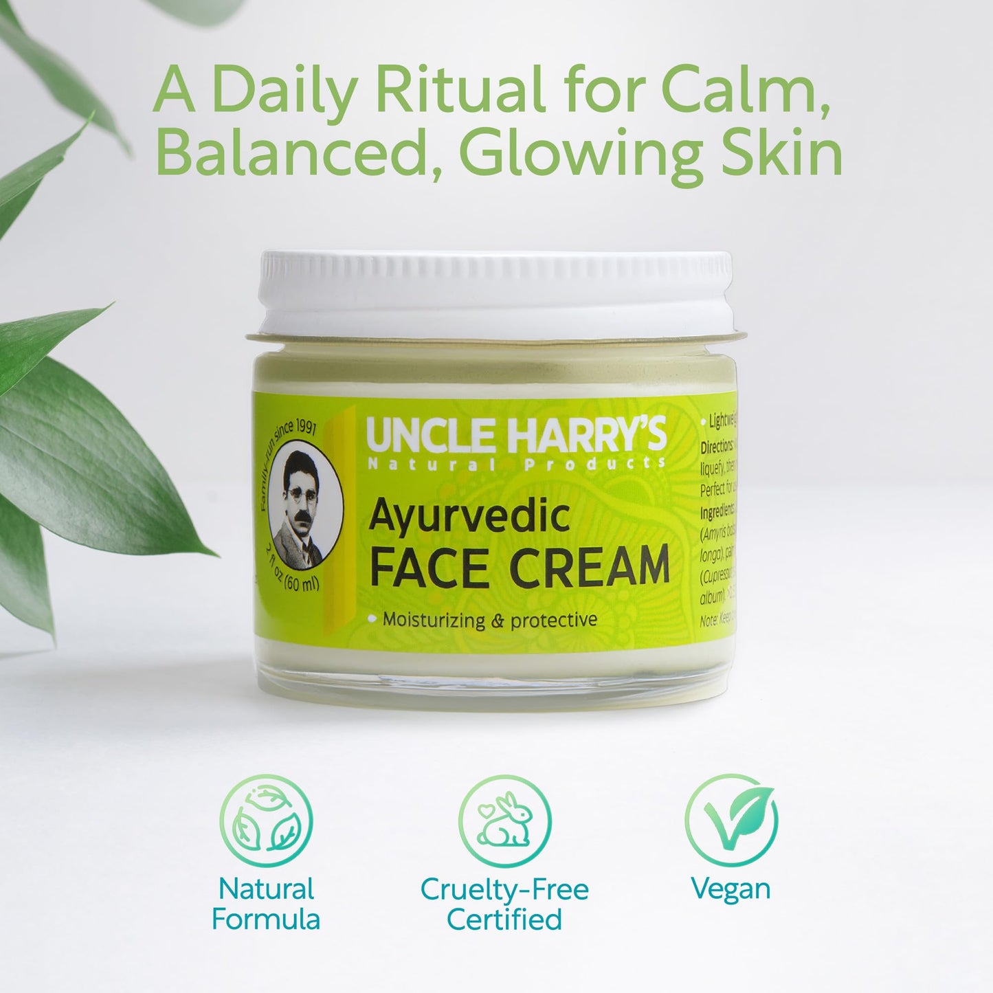 Uncle Harry's Natural Products Ayurvedic Face Cream with Jojoba Esters and Pure Essential Oils of Turmeric, Sandalwood, Palmarosa, and Cypress – For Day and Night Use, Vegan, 2 Fluid Ounce Glass Jar