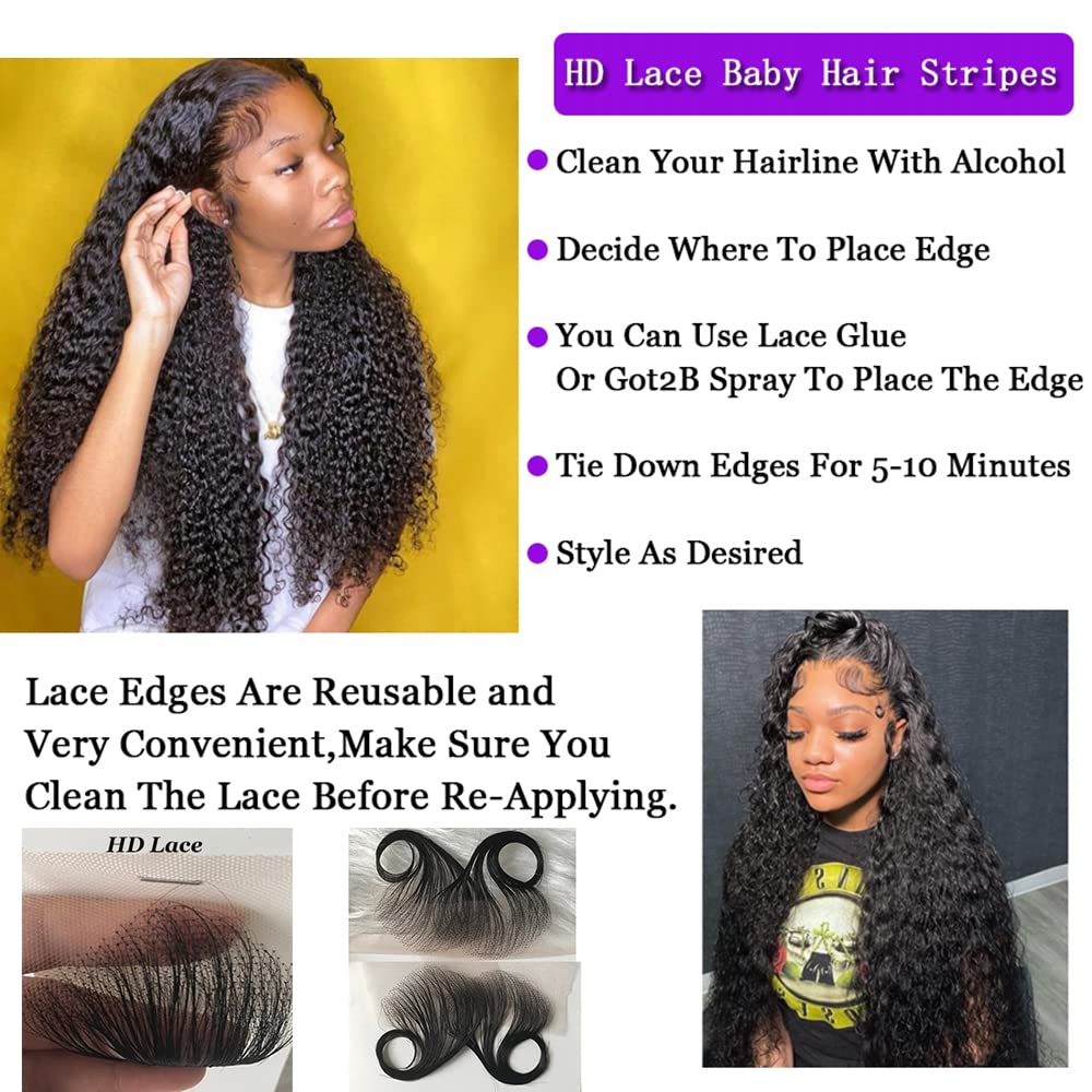 JZhair 4Pcs HD Swiss Lace Baby Hair Edge Stripes Real Human Virgin Hair Reusable More Natural for Women HD Lace Hairline Baby Hair Natural Color 4Pcs