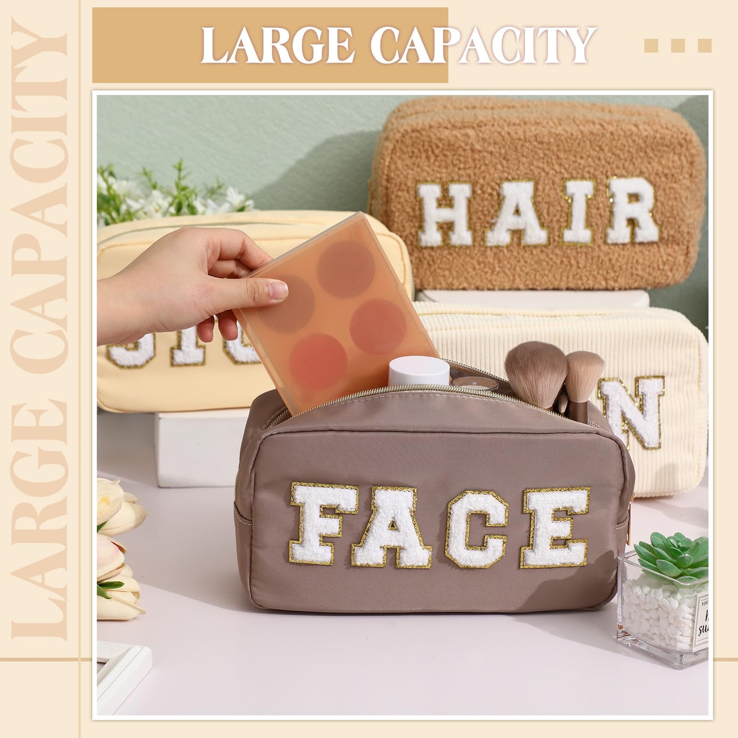 Kajaia 4 Pcs Preppy Makeup Bags Chenille Letter Bag Hair Face Skin Stuff Cosmetic Pouch Cases for Women Travel Toiletry Spend The Night(Beige, Brown, Milk White, Coffee,Fresh)