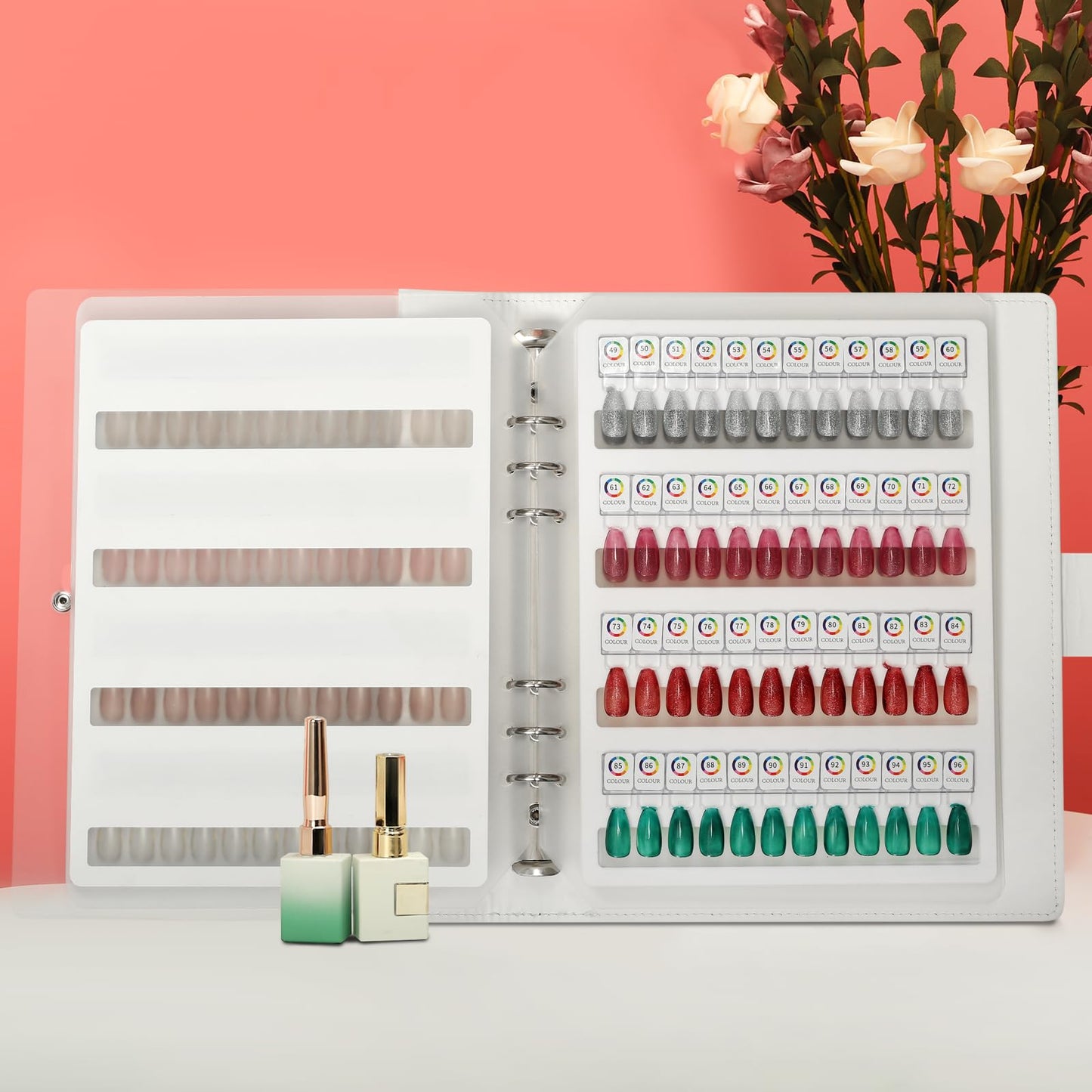 C12rtive 96 Magnetic Nail Swatch Book,Leather Magnetic Color Display Book with 96PCS Magnetic Tips & 1-120 Number Labels,Perfect for Nail Polish Nails Art Design(White)