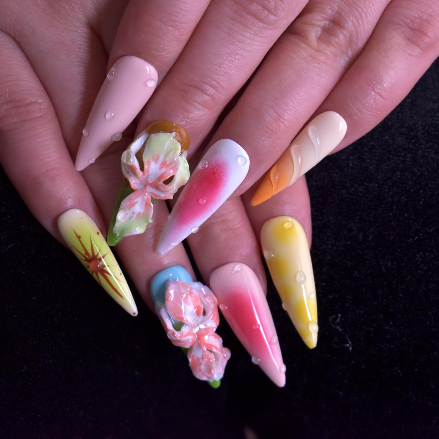 LIFOOST Manual Press on Nails 10Pcs with Hand Carved Flower Petals Long Almond Handmade Nails for DIY Manicure Decorations, Size Medium