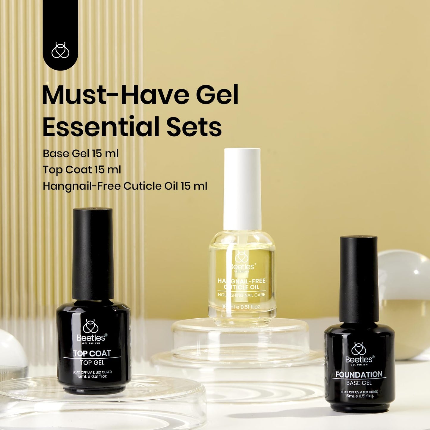 Beetles Gel Base and Top Coat & Cuticle Oil Set, 3Pcs 15ml Cuticle Protectors Kit No Wipe Glossy Shine Long Lasting Oil Care for Dry Damaged Cuticles Gifts for Women