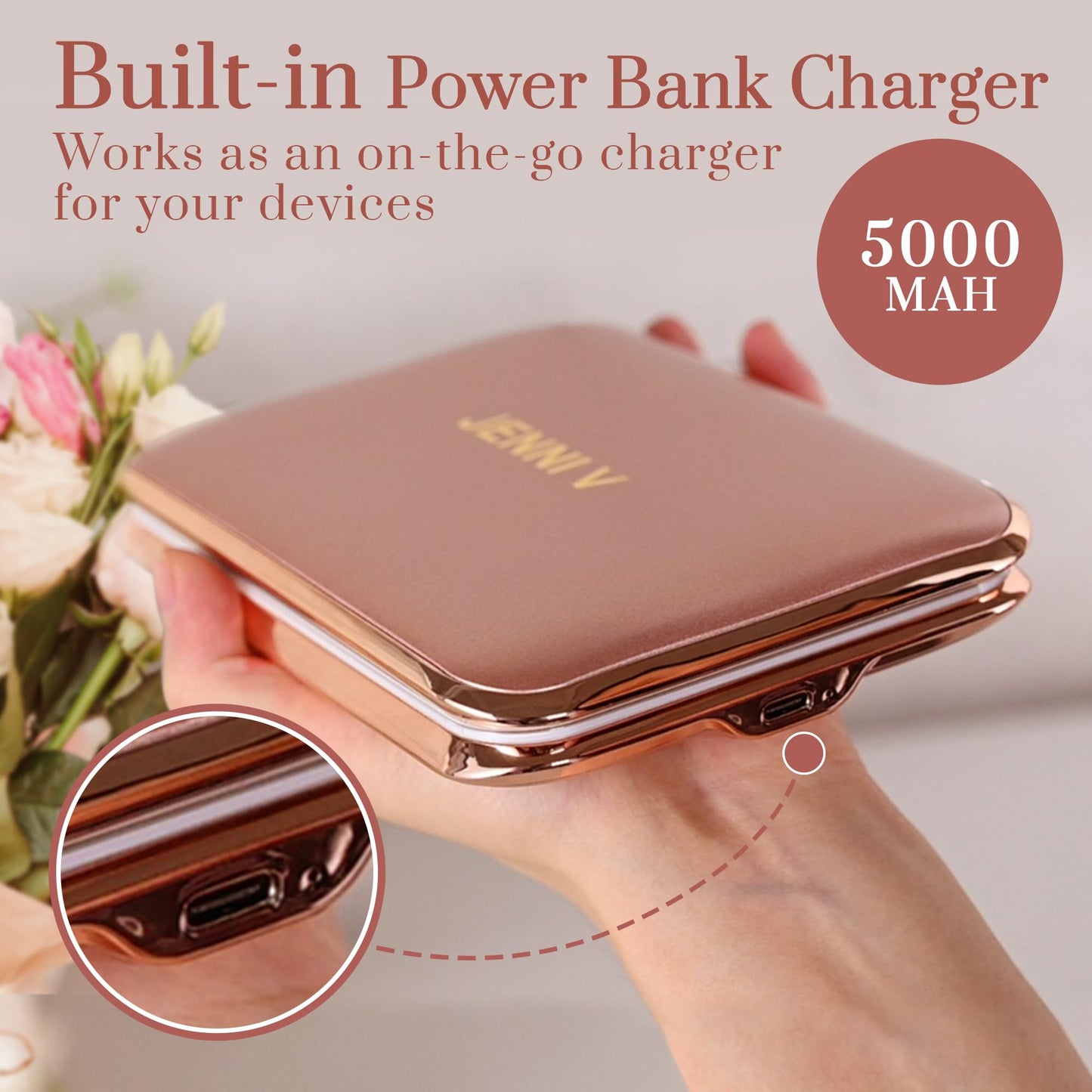 JENNI V LED Compact Mirror with Light, 5X Magnification and Power Bank Changer - Handheld Pocket Mirror - Rechargeable Travel Mirror with Light - Small Portable Makeup Mirror for Purse (Rose Gold)