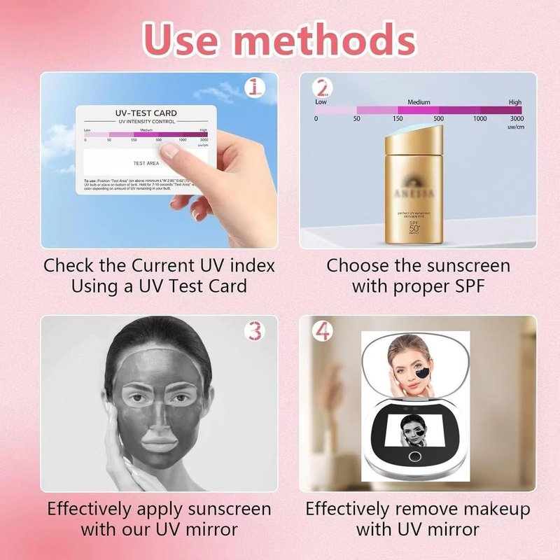 Portable LED Beauty Mirror - Smart UV Sunscreen Tester & 360° Adjustable Camera for Skin Protection | Ideal for Travel & Makeup