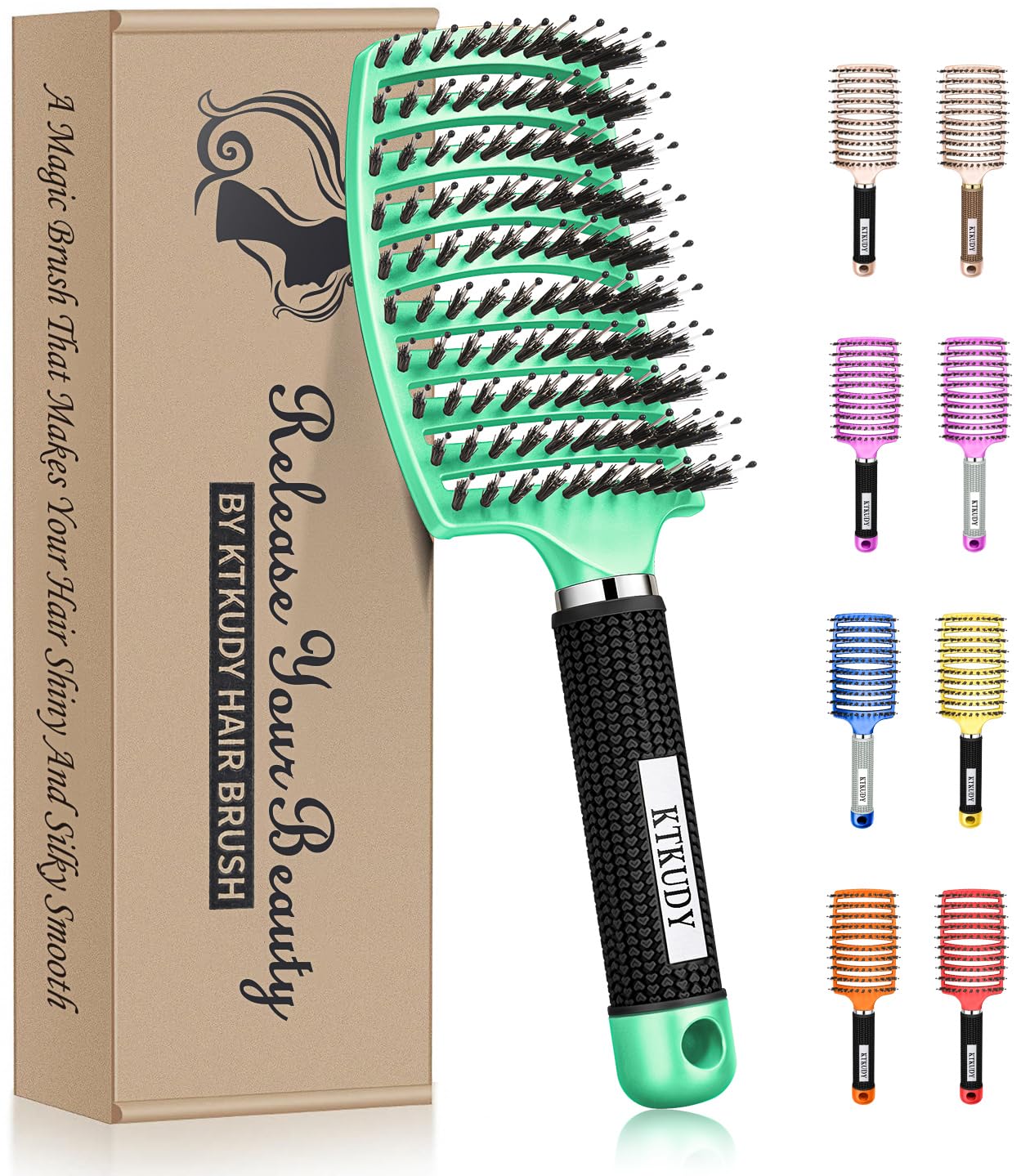 KTKUDY Detangling Brush Boar Bristles Hairbrush Make Hair Shiny & Healthier Curved and Vented Detangler Brush for Women Men Kids Wet & Dry Hair (Light green)