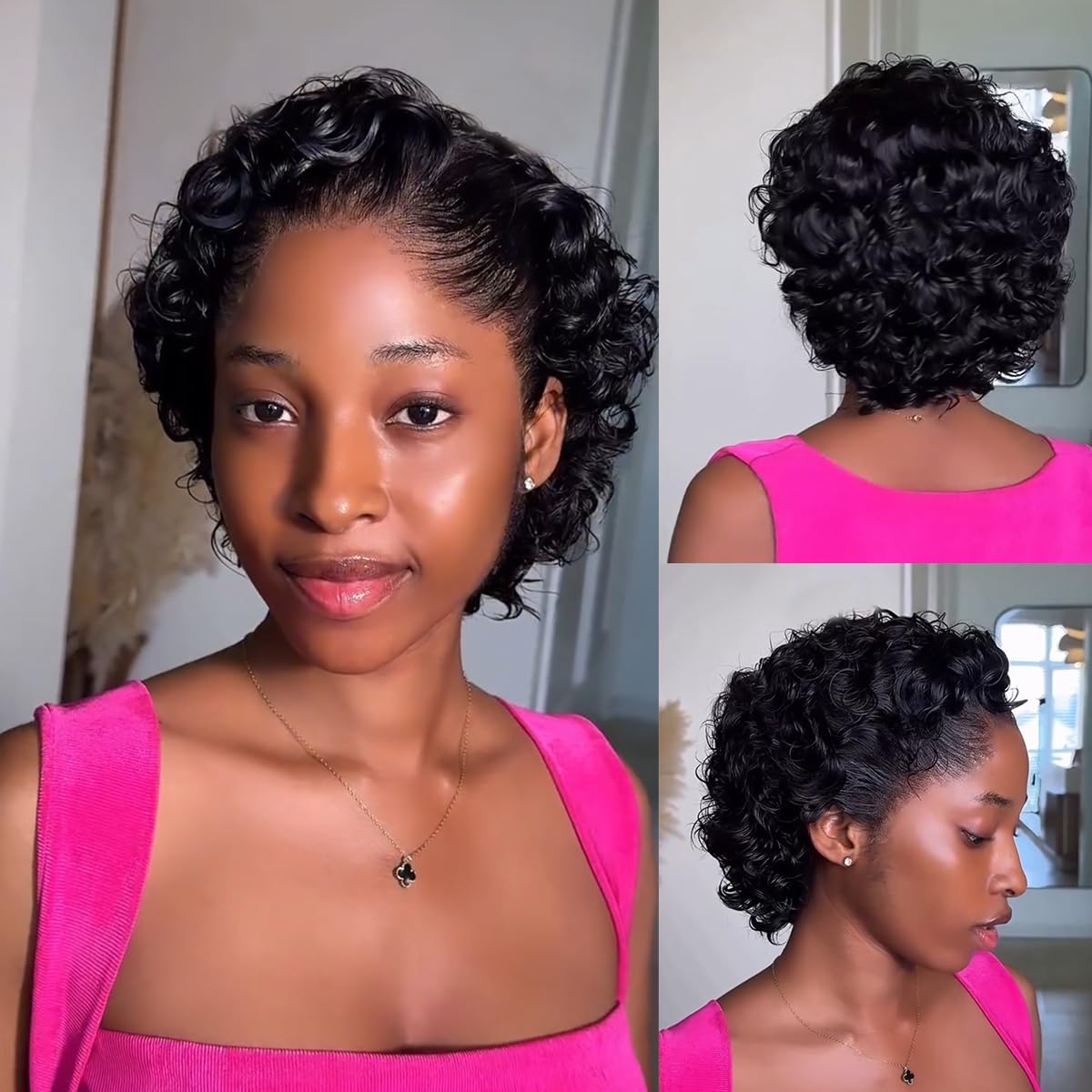 Msviki 200% Density Pixie Cut Wig Human Hair Free Part 13X1 Lace Front Wigs Human Hair Short Curly Pre Plucked Water Wave Human Hair Wig With Baby Hair Wear and Go Glueless Bob Wigs For Black Women