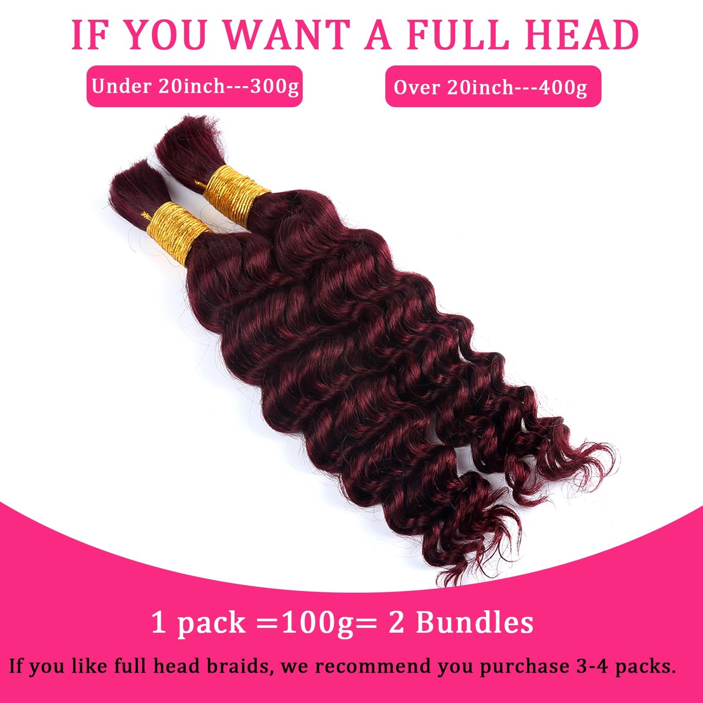Human Braiding Hair for Boho Braids Burgundy Deep Wave Bulk Human Hair for Braiding 14 Inch 2 Bundles 100G #99J Wet and Wavy Curly Human Hair Red Braiding Hair Extensions No Weft Bundles for Braiding