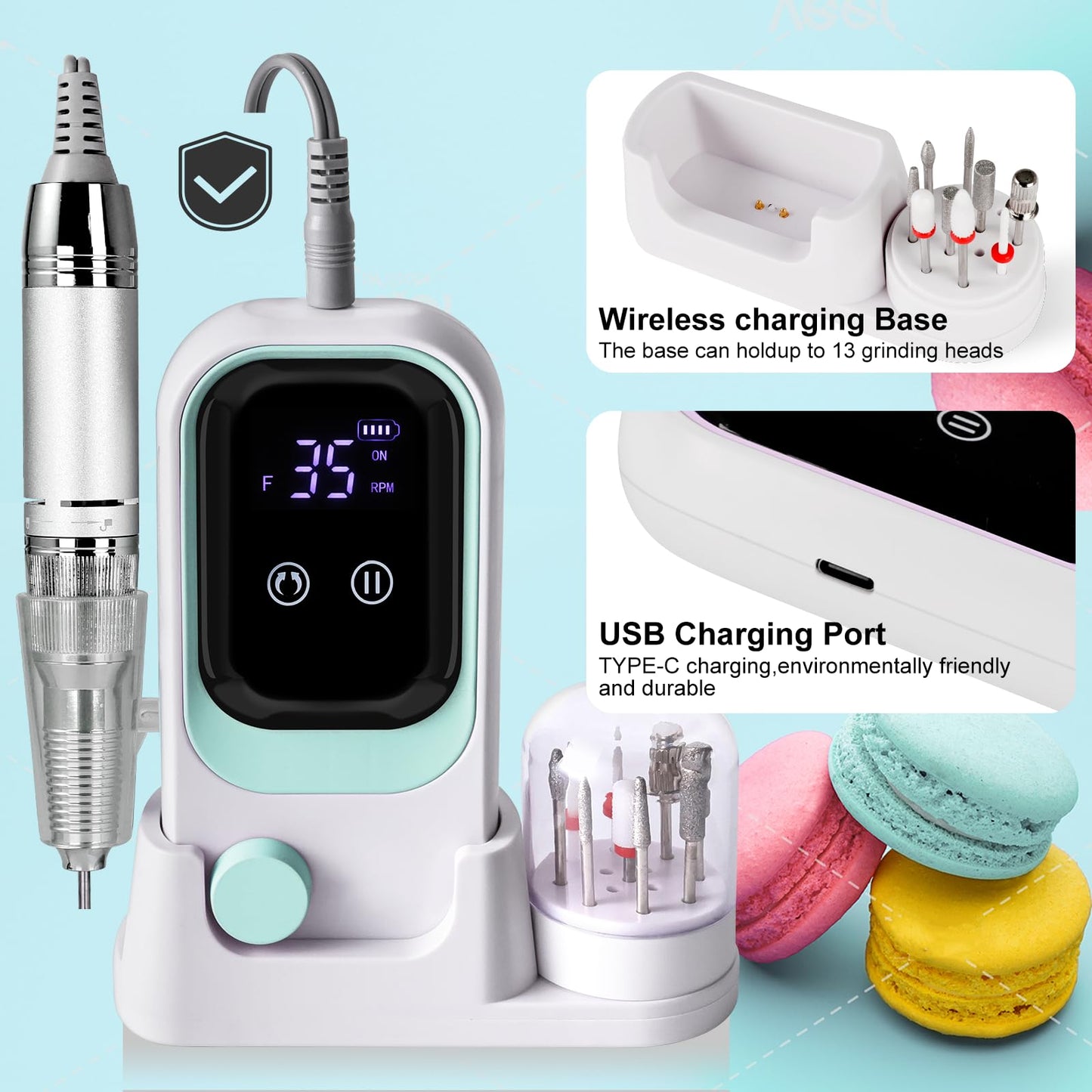 LIMEGIRL Electric File Nail Drill Professional 35000RPM Green Nail File with Rechargeable Base & Bits Nail Drill Bit Nail Files and Buffers for Acrylic Nail Remove Nail Tech Must Haves for Salon Home