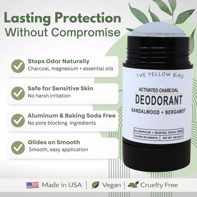 Sandalwood & Bergamot Natural Deodorant – Aluminum-Free, Baking Soda-Free Stick, Sensitive Skin Formula with Activated Charcoal – 3 oz, For Men, Women, Teens - Made in USA