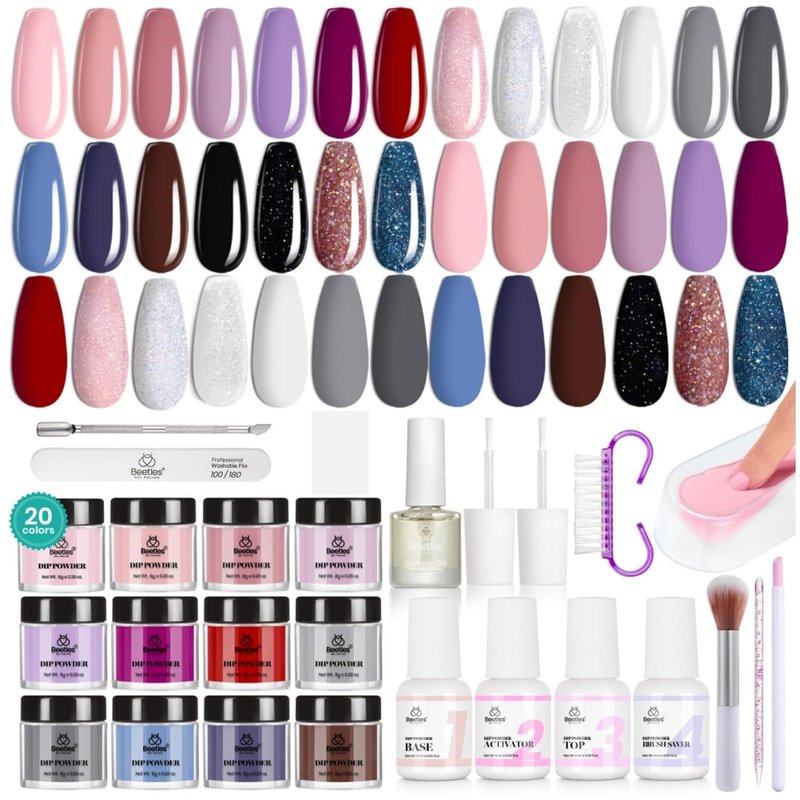 Beetles Dip Powder Nail Kit - 20 Colors Including Nude, Pink & Blue Glitter | Complete Manicure Set with Base, Top Coat & Activator