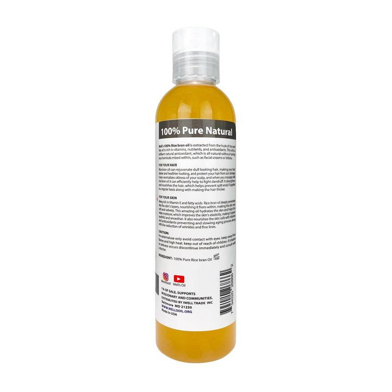 Rice Bran Oil - 100% Pure Natural Carrier Oil, Cold Pressed | For Body, Skin & Hair - 8 fl oz (Pack of 2)