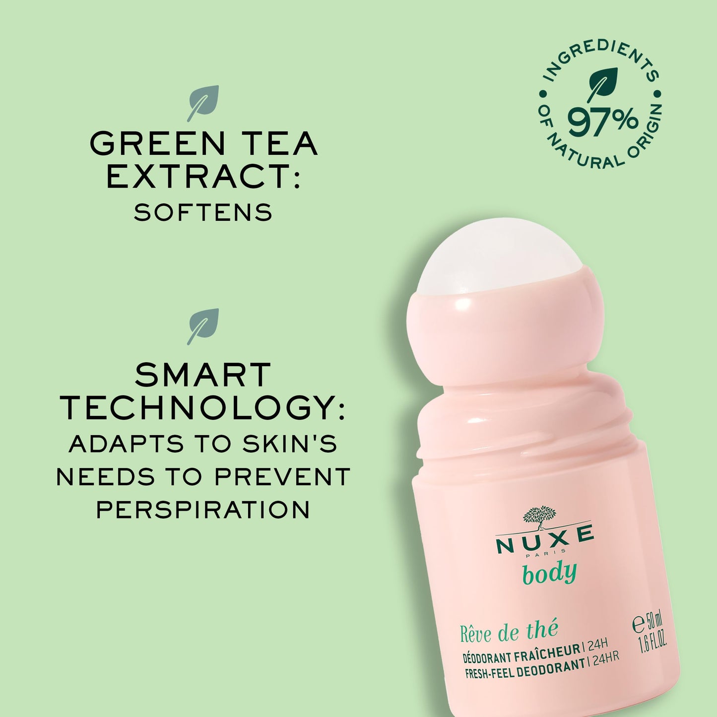 NUXE Aluminum-Free Roll-On Deodorant with Green Tea, Rêve de Thé Natural 24-Hour Odor & Sweat Protection Roller, Quick-Dry Comfort for Women, 1.6 fl oz