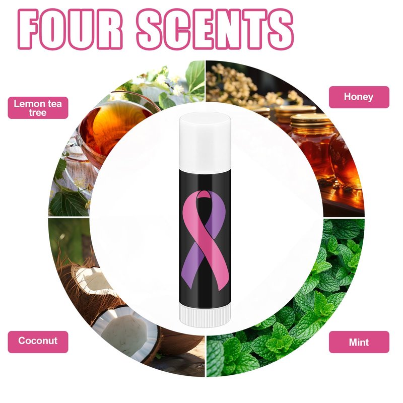Fumete 100 Pcs Domestic Violence Awareness Items Lip Balm Bulk Pink Ribbon and Purple Ribbon Breast Cancer Awareness Moisturizer and Nourishing Lip Balm Gifts for Women Party Supplies, 4 Scents