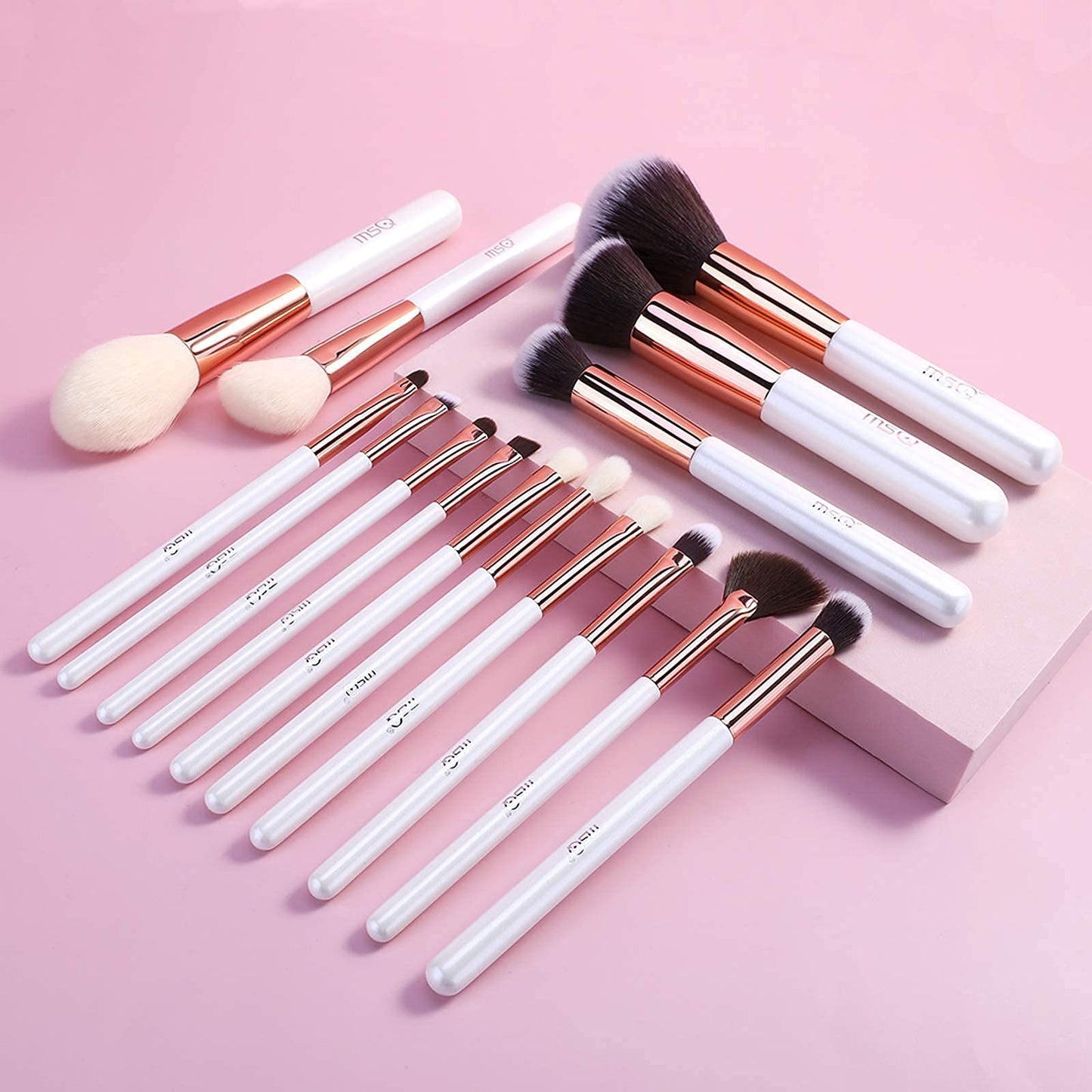 MSQ 15 Pcs White Brush set and 12pcs Rose Gold Eye Makeup Brushes Set, Premium Synthetic Foundation Brush Blending Eyeshadow Eyebrow, Face Powder Blush Concealers Eyeshadow Brush Make up Brushes Set