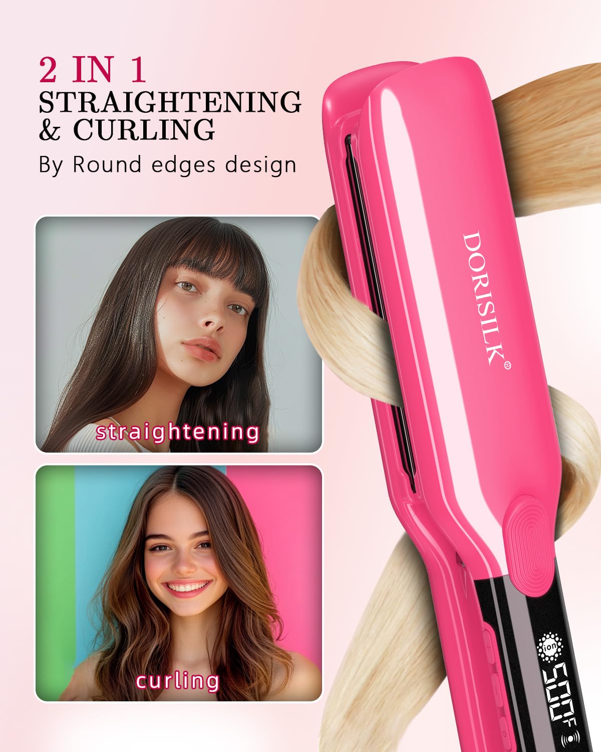 DORISILK 500 Degree High Temp Professional Hair Straightenr ， Ceramic Wide Flat Iron ，2 in 1 Hair Straightener and Curler，Plasma Flat Iron Hair Straightener Get Frizz-Free and Shiny (Purple)