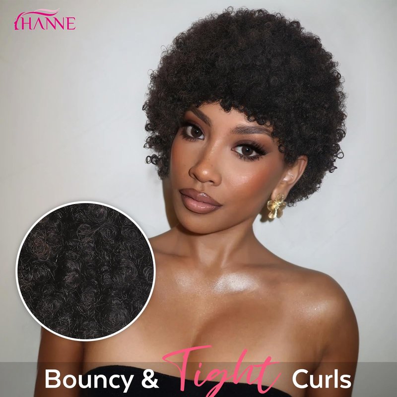 HANNE Short Afro Wig for Black Women 100% Human Hair Tight Curly Wig Short Curly Wig (Black)