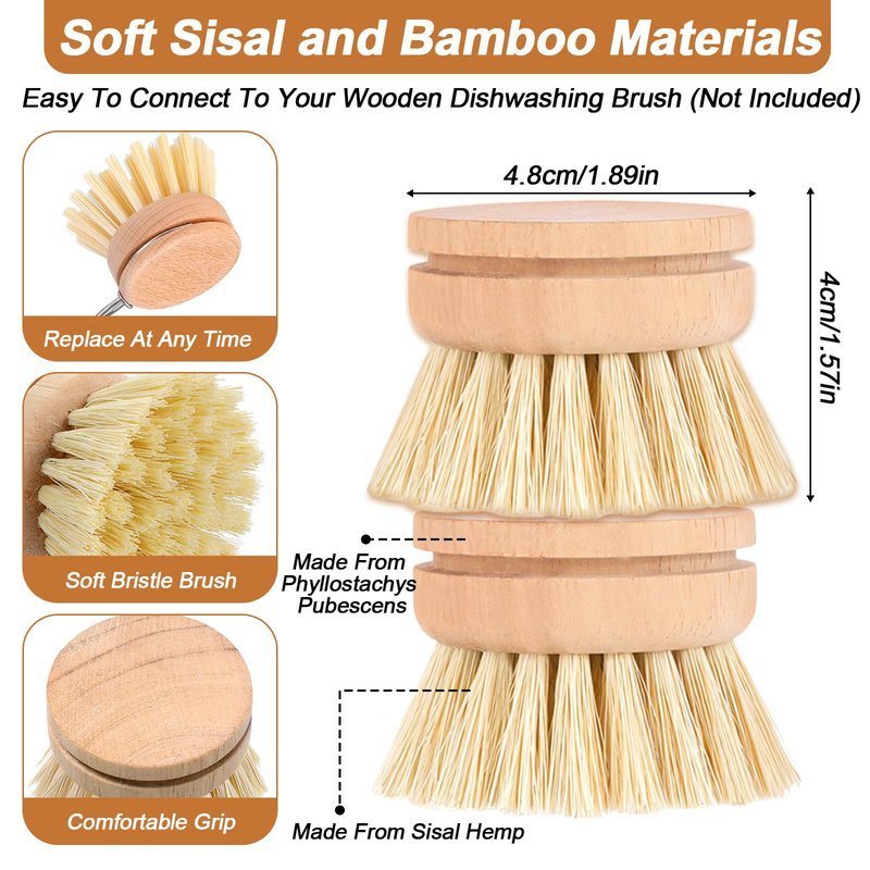 12 Pcs Bamboo Dish Brush Replacement Heads, Natural Sisal Bristle Refills, Eco Friendly Compostable Scrubber Heads for Cleaning Kitchen Utensils