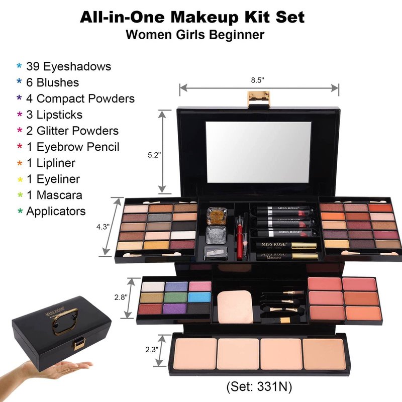 MISS ROSE 190 Colors Cosmetic Make up Piano Box Set,Combination with Eyeshadow /Facial Blusher /Eyebrow Powder /Eyeliner Pencil /Mirror,All-in-1 Makeup Gift Set (Color B)
