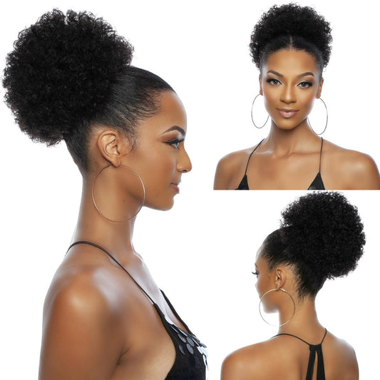 Afro Puff Ponytail Drawstring Extensions Wigs Real Human Hair for Girls Women, Natural Black Virgin Hair 8 Inch Afro Puff Hair Extensions Clip On Kinky Drawstring Curly Ponytail Bun Hairpiece Wigs