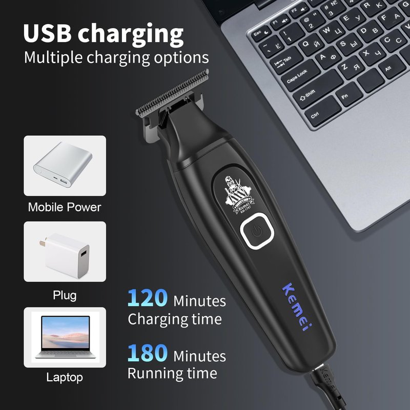 KEMEI Professional Hair Clipper & Cordless Barber Trimmer for Men, Clippers for Hair Cutting, Rechargeable T-Shaped Beard Trimmer, USB Charging, Gifts for Men