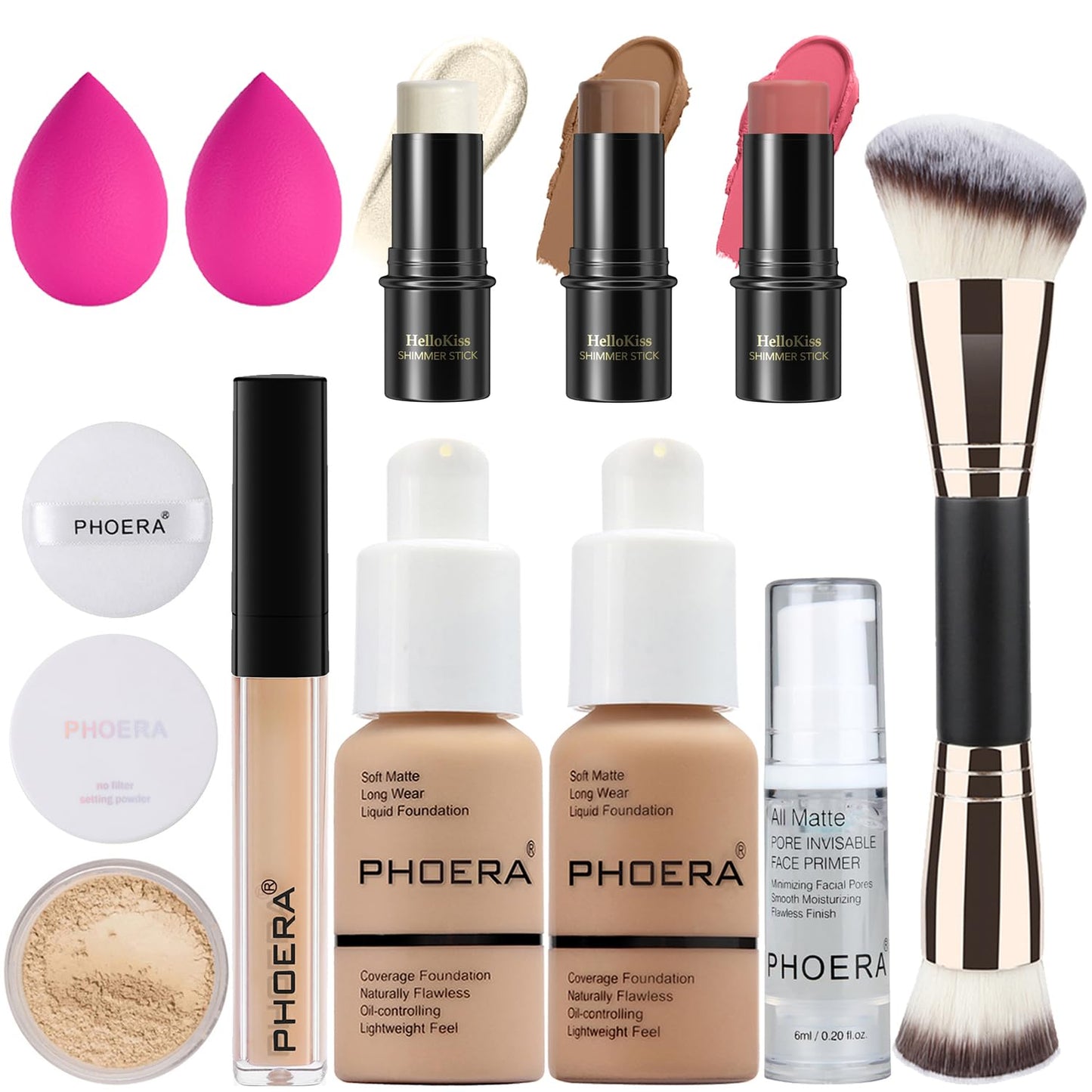 PHOERA Foundation Contour Stick Makeup Kit - 3 PCS with Highlighter, Blush & Bronzer | Light-Medium Shades