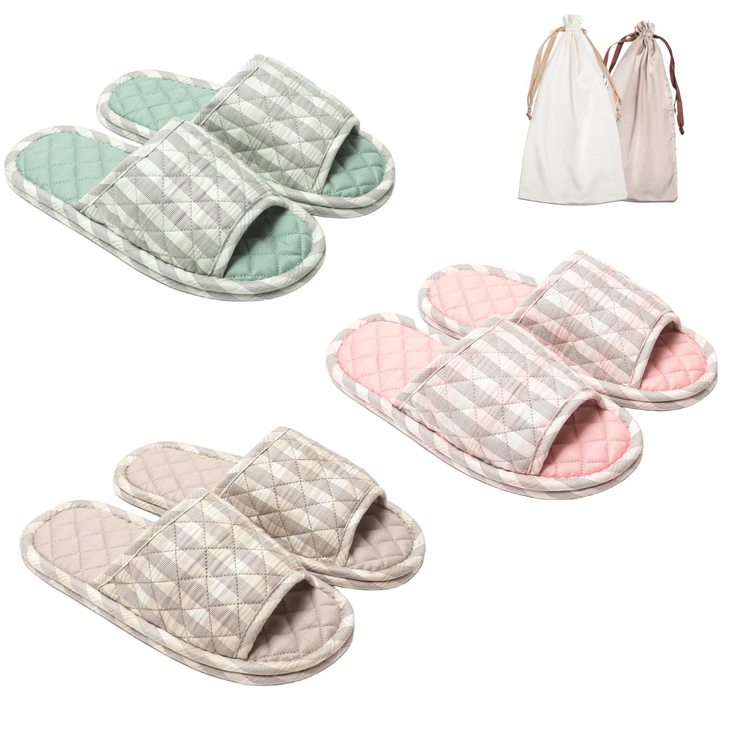3 Pairs Floral Cotton House Slippers for Women, Open Toe Indoor Slippers Comfortable Washable Portable Foldable Guest Travel Hotel Airplane Spa Slippers (Light Stripes, 9-10.5, Adult, Women, 9, Numeric Range, US Footwear Size System, 10.5, Medium)