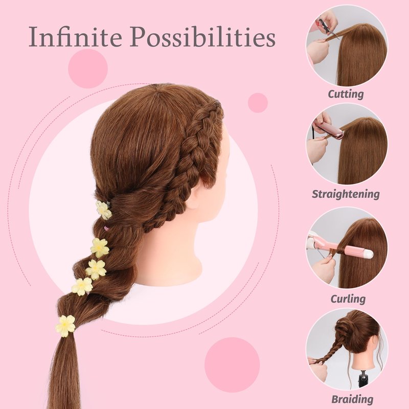 Mannequin Head Human Hair with Tripod Stand 22"-24" Female 100% Human Hair Mannequin Head Hair Styling Cosmetology Manikin Head Doll Head for Hairdresser with Clamp Holder and Tools (#4 Set)
