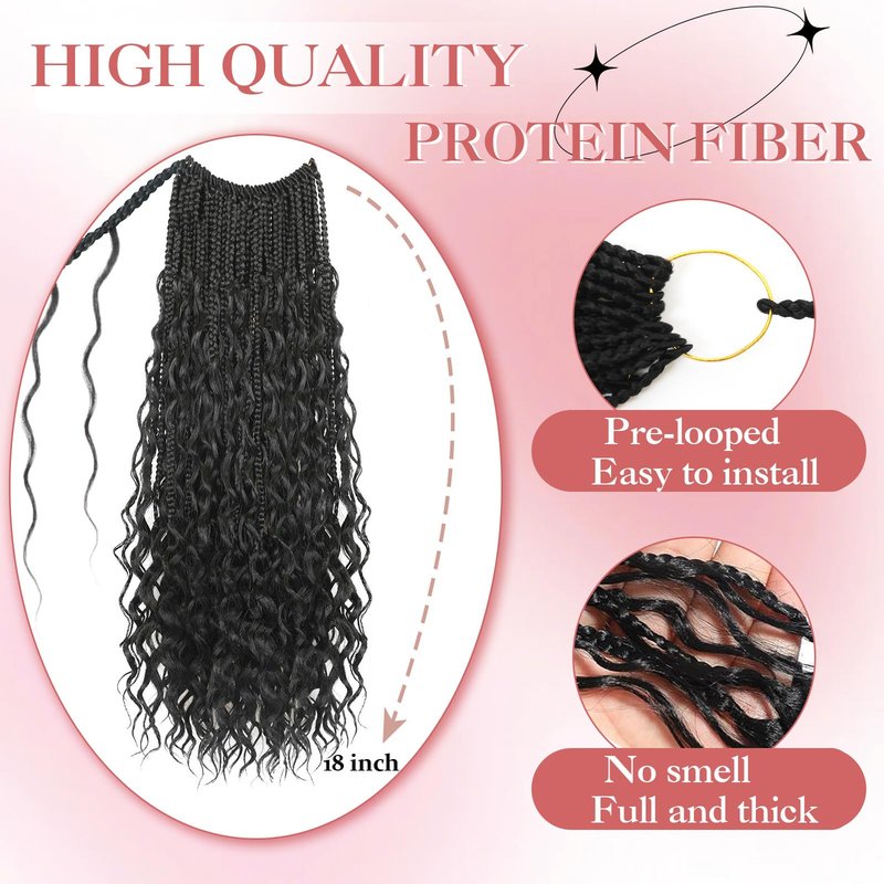 9 Packs Boho Box Braids Crochet Hair 18 Inch Pure Protein Fiber Similar to Human Hair Goddess Box Braids Crochet Hair With Curly Ends Pre Looped Bohemian Braid Hair Extension For Women(18 Inch,1B#)