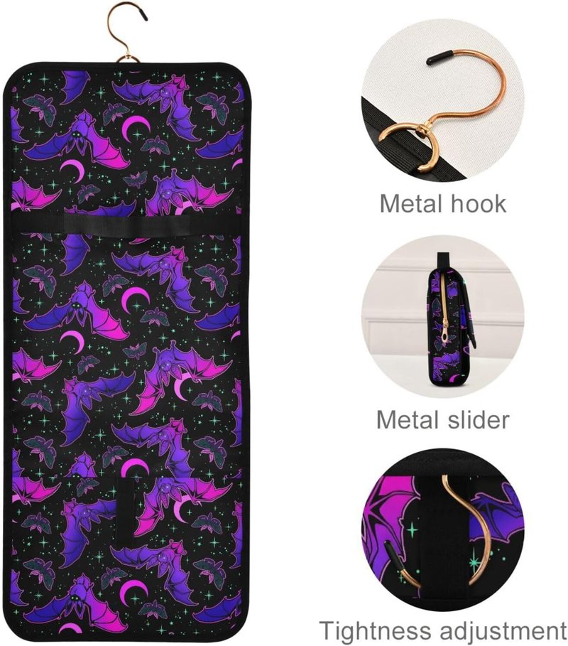 Gothic Purple Bat Toiletry Bag Set - 3 PCS Hanging Makeup & Travel Organizer