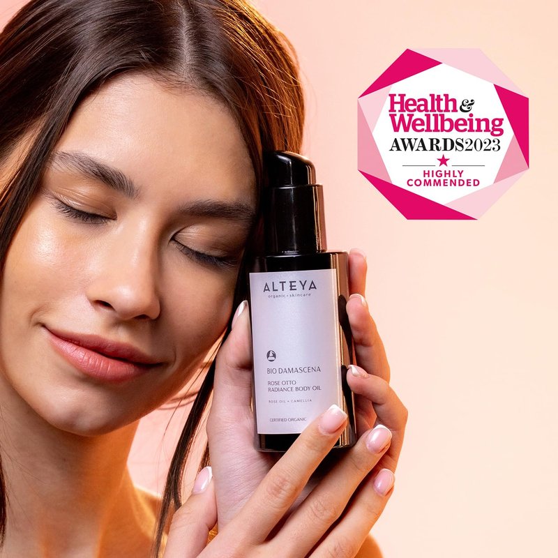 Alteya Organics Bio Damascena Rose Otto Radiance Body Oil - Certified Organic Body Moisturizer With Rose and Camellia Oil - Winner of Delicious Living Magazine Gold Award - 3.4Fl Oz/100mL