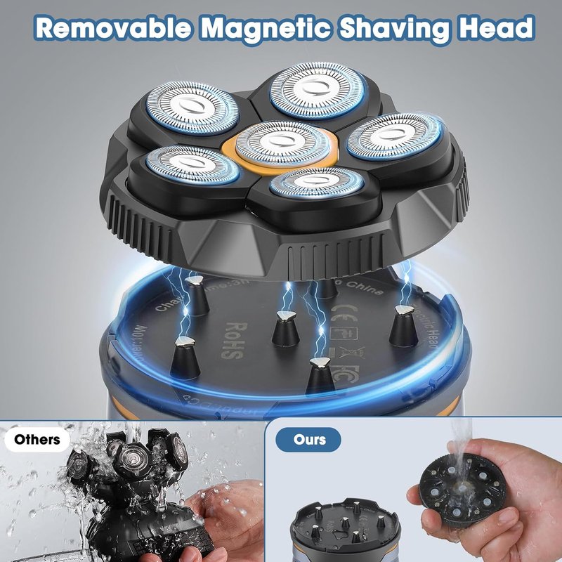6D Electric Head Shaver for Men - Waterproof Rechargeable Razor with LED Display | Cordless Grooming Kit