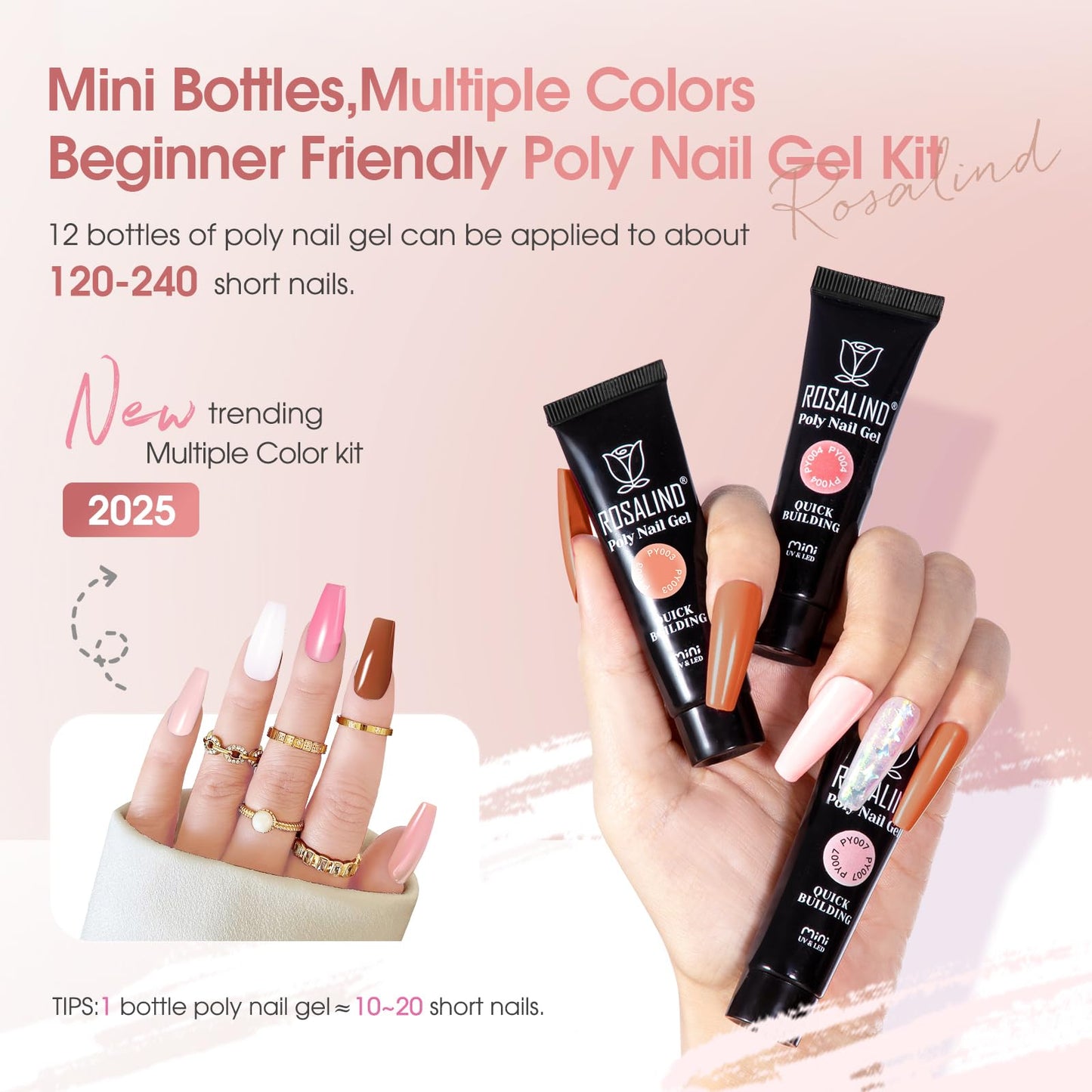 ROSALIND 12PCS Pink Brown Christmas Poly Nail Gel Kit with Mini Nail Lamp White Glitter Pink Poly Extension Gel Set 0.34oz/10ml with Slip Solution Basic Tools for Beginners with Everything