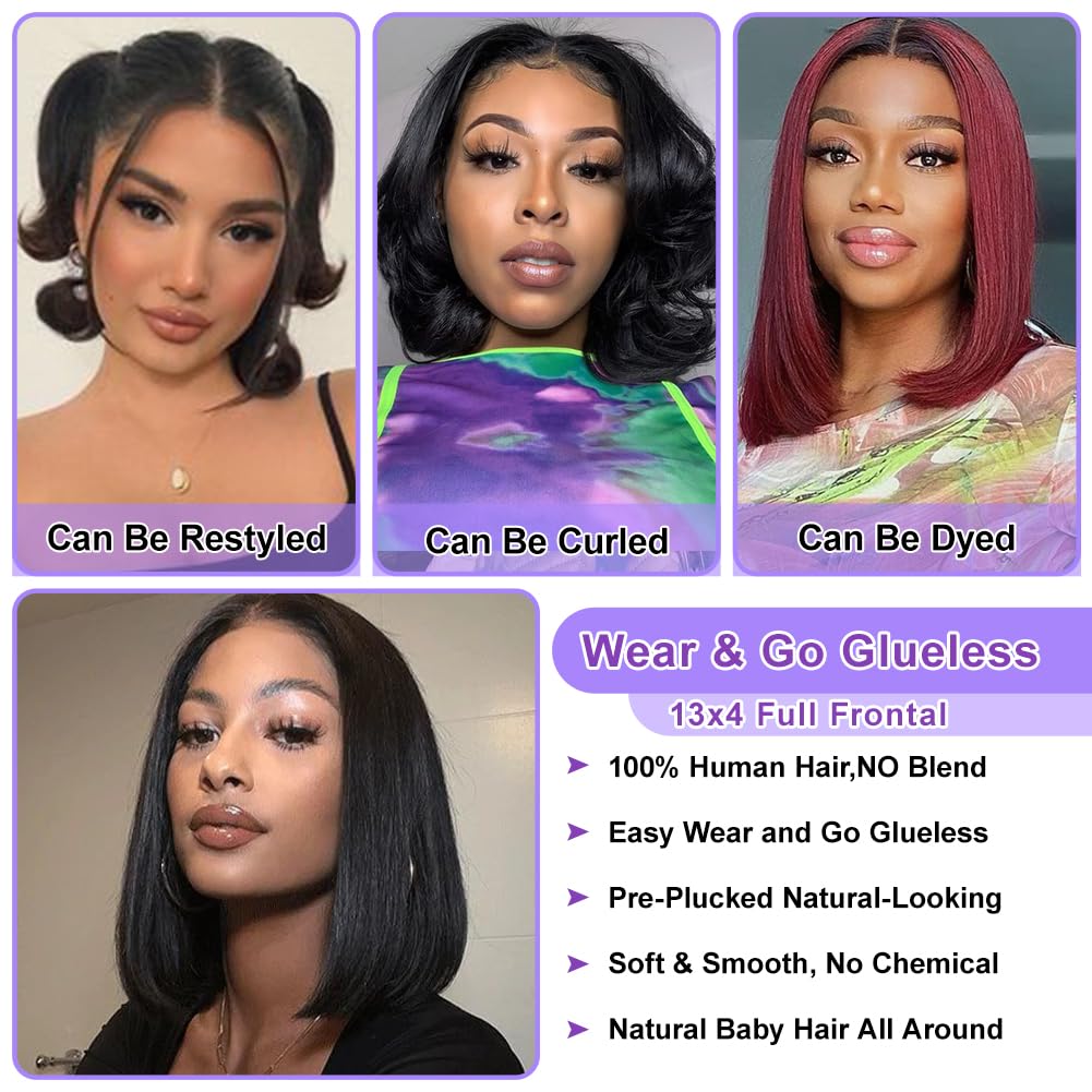 Bob Wig Human Hair 13X4 Lace Front Wigs Human hair 150% Density Short Straight Frontal Bob Wig HD Transparent Lace Frontal wigs Pre Plucked for Women Glueless Wigs With Baby Hair Natural black 10 Inch