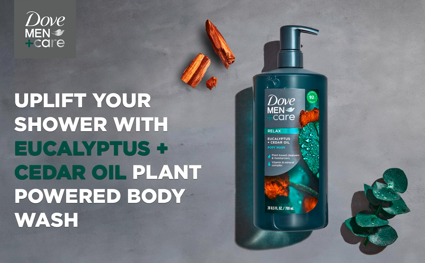 DOVE MEN + CARE Shower Tool For Stronger, Healthy-Feeling Skin Active Clean Scrubs and Exfoliates Body Wash Eucalyptus + Cedar Oil to Rebuild Skin in the Shower