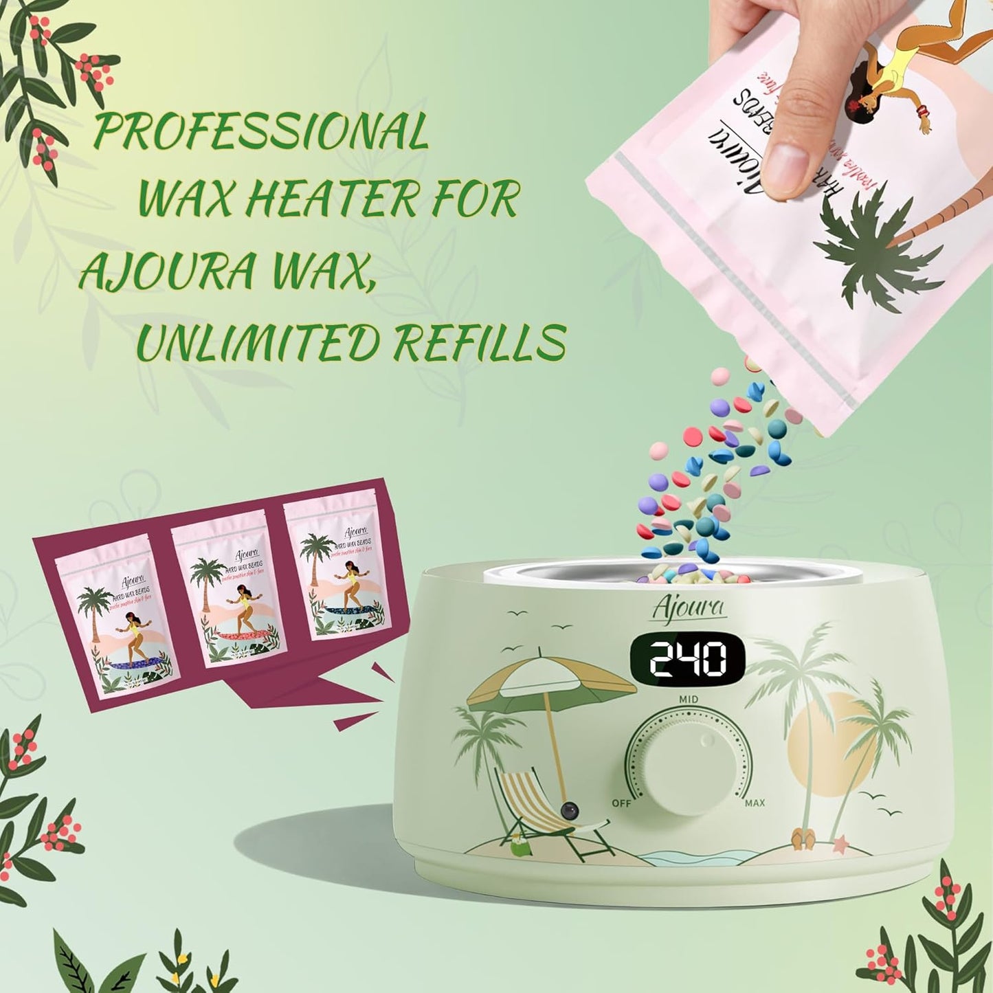 Digital Wax Warmer Kit - 10-Minute Quick Heat Hair Removal System with Precision Temp Control | Includes 30 Wax Sticks, Light Green