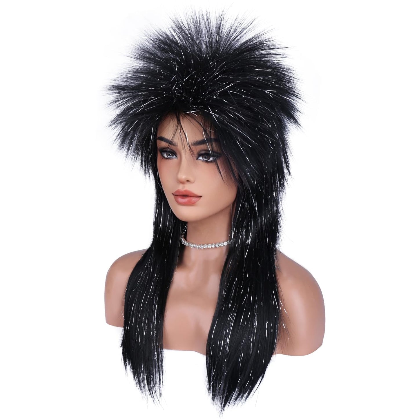 BERON Black Silver Rocking Wig Mullets for Women Wigs Black Silver Punk Rocker Wig Funny Wigs for Daily Party Cosplay