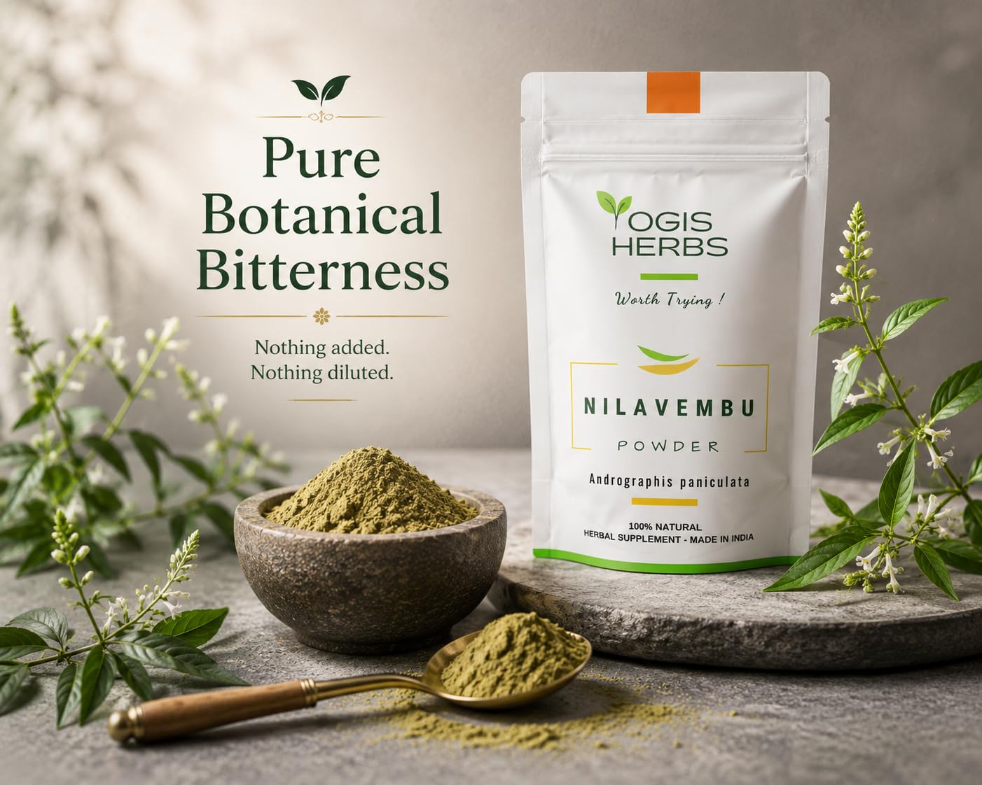 YOGIS HERBS Nilavembu Powder — Andrographis paniculata/Kalmegh/King of Bitters — Traditional Tamil Siddha Herb for Daily Wellness, Seasonal Comfort & Immune-Supporting Routines — Single-Ingredient
