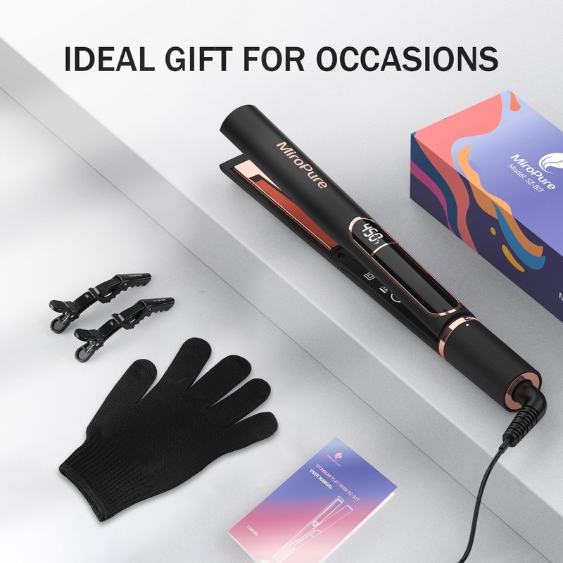 MiroPure Hair Straightener - 1 Inch Titanium Plates, Fast 15S Heat-Up, Dual Voltage with Auto Shut-Off | Professional Ceramic Ion Iron