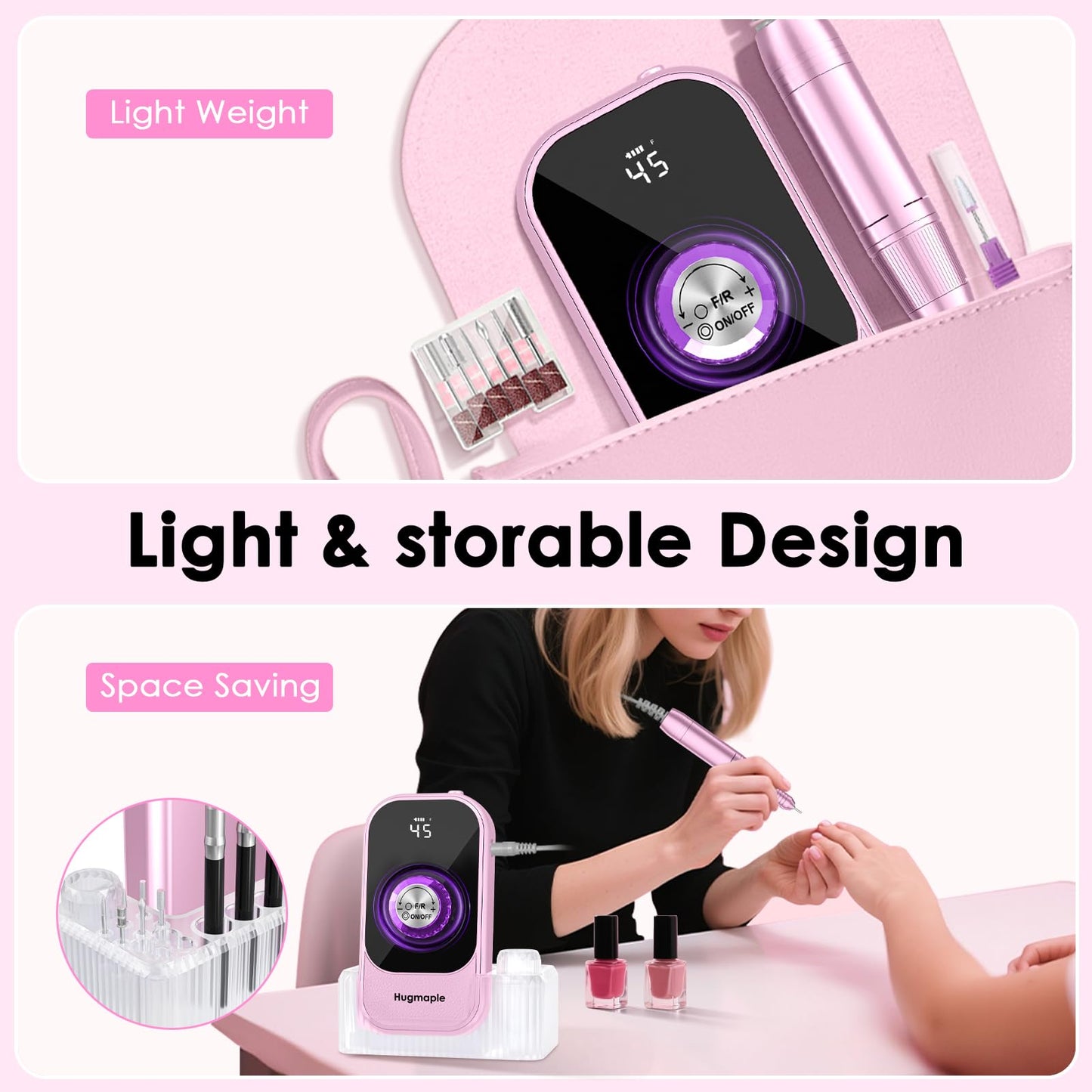 Professional Electric Nail Drill File, HUGMAPLE 45000RPM Portable E-File Machine with Bits & Base, Cordless Rechargeable Nail Drill Kit for Shaping, Removing & Polishing Gel Nails Salon Home (Purple)