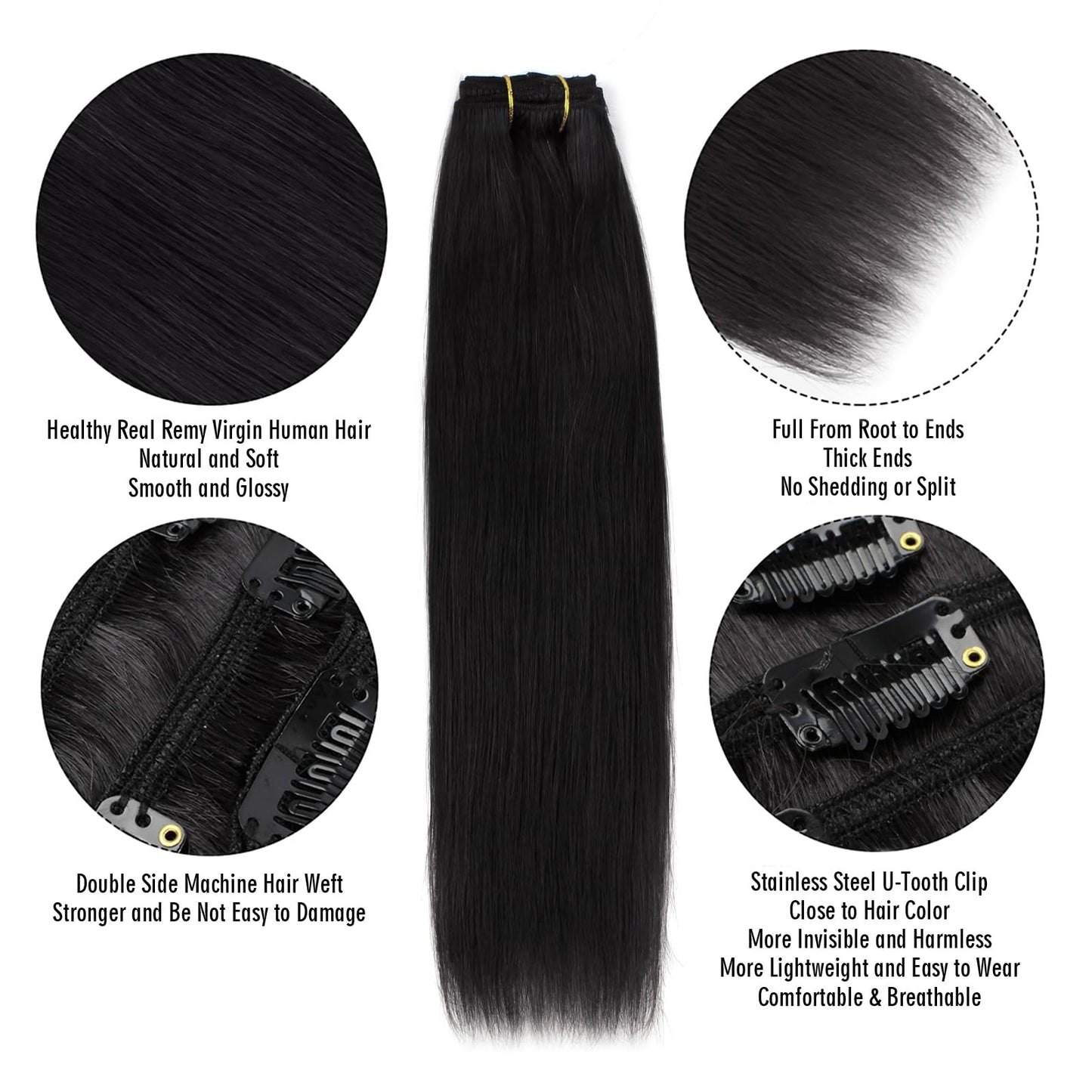 ABH AMAZINGBEAUTY HAIR Clip in Hair Extensions Real Human Hair Invisible Double Wefts 100% Real Remy Human Hair Clip in Extensions Silky Straight Jet Black 18 Clips 90G 16 Inch