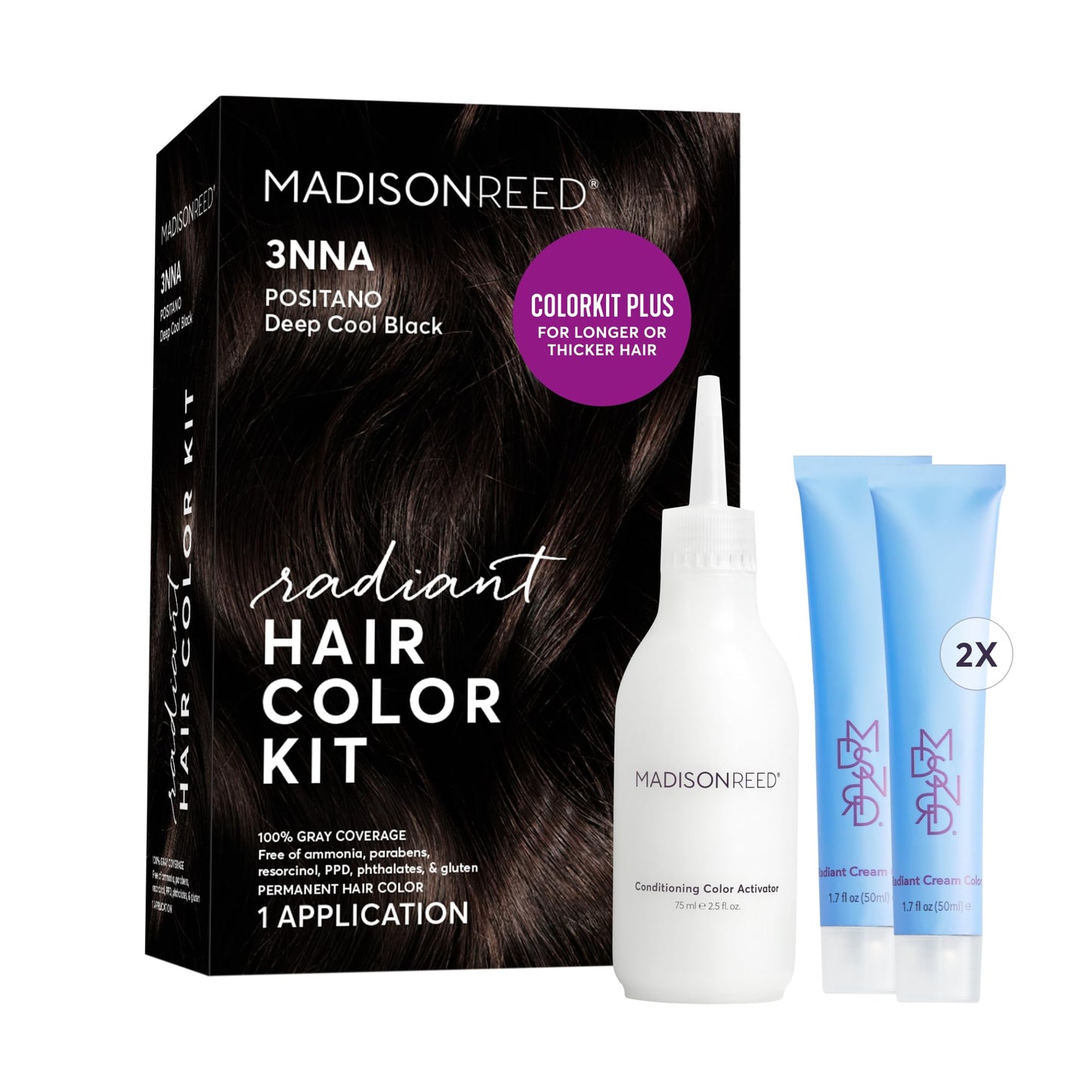 Madison Reed Radiant Hair Color Kit Plus | 3NNA Cool Black-Brown (Positano Black) | 100% Gray Coverage | Ammonia-Free Salon Hair Dye for Long or Thick Hair
