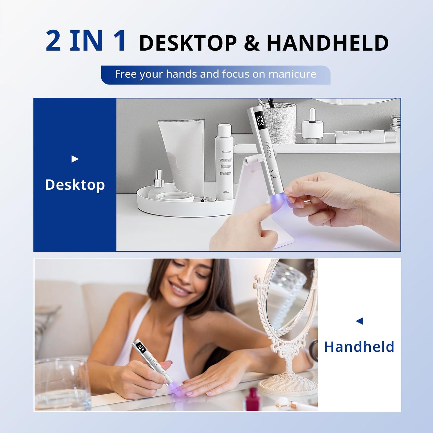 AIRSEE Cordless Mini Nail Lamp with Display & Stand for Gel Nail,Sliver