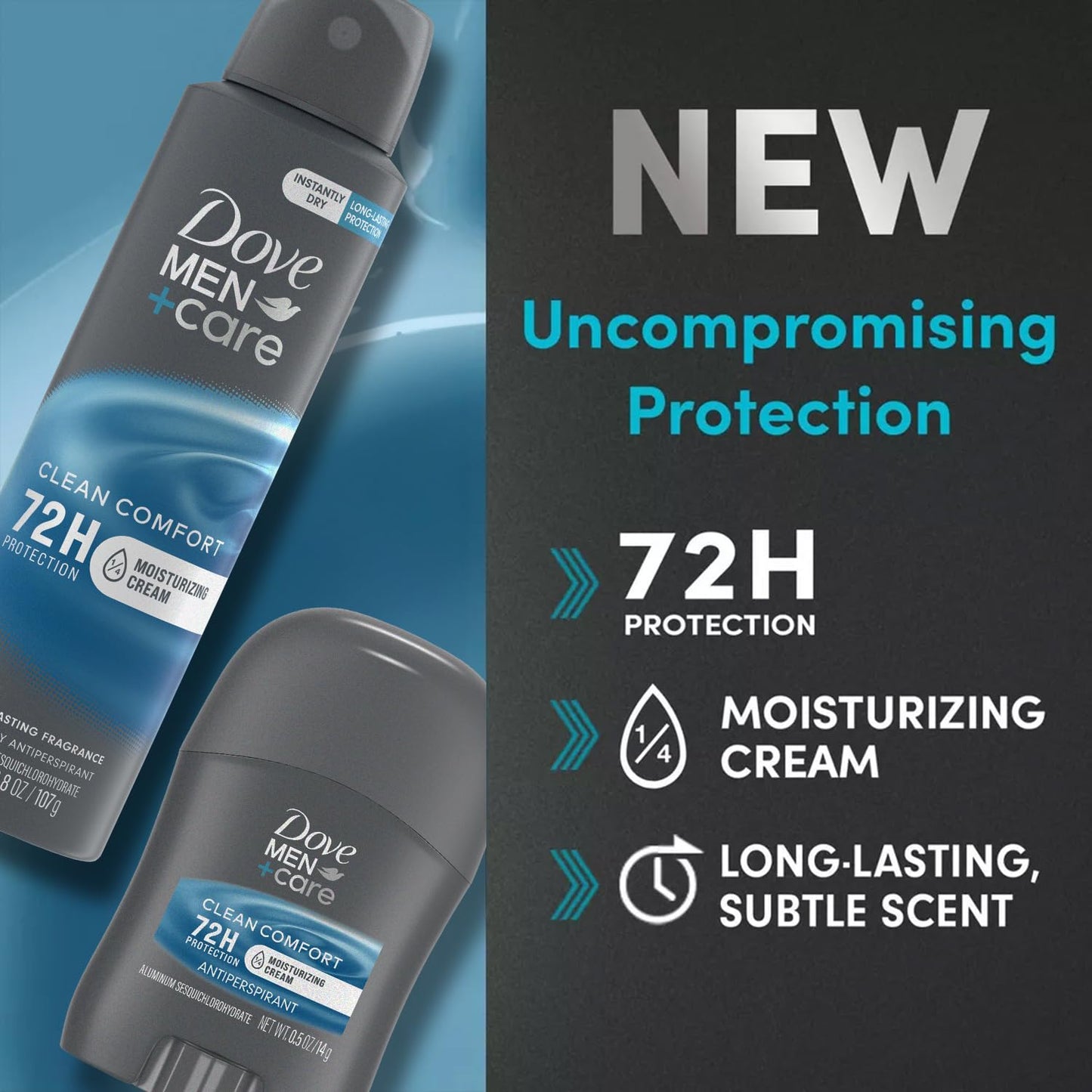 Dove Men + Care Clean Comfort Spray Deodorant & Antiperspirant 150ml / 3.8 Ounce,(4 Pack) + Travel Deodorant Stick (0.5 Oz) – 72H Protection, Long-Lasting Clean Comfort Fragrance