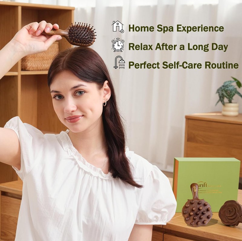 Self Care Relaxation Gift Set for Mom | Natural Wooden Massage Hair Brush & Scalp Gua Sha Tool - Stress Relief Wellness Box