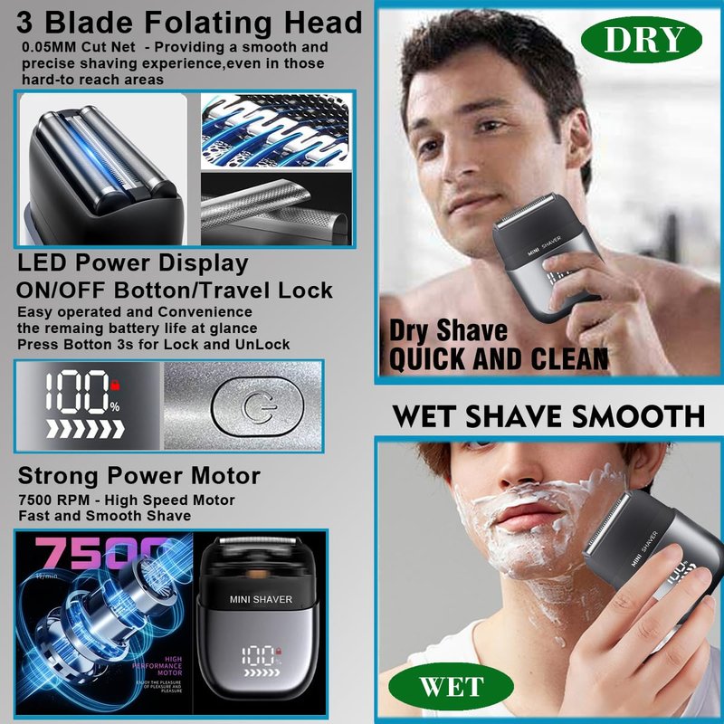 Electric Mini Foil Shaver for Men,Mini Razor with LED Display,IPX7 Waterproof Compact Face Shave for Travel,3-Blade Folating Head Close & Precision Shave,Wet/Dry Use, USB C Charge