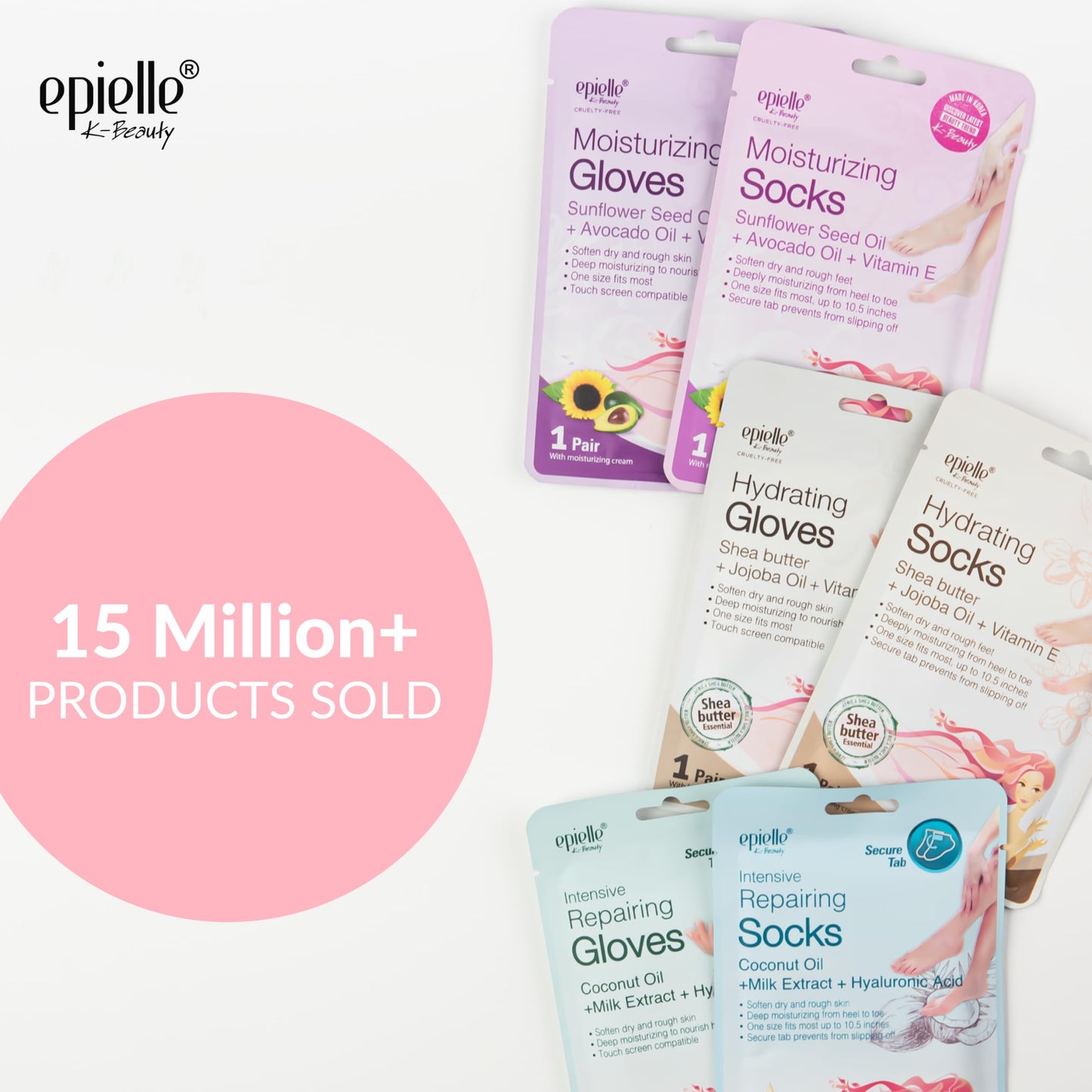 Epielle Moisturizing Hand & Foot Masks, Soften Dry Skin with Sunflower Seed Oil & Vitamin E, Self Care Gifts for Women, Spa Kit, 6 Moisturizing Gloves & 6 Moisturizing Socks