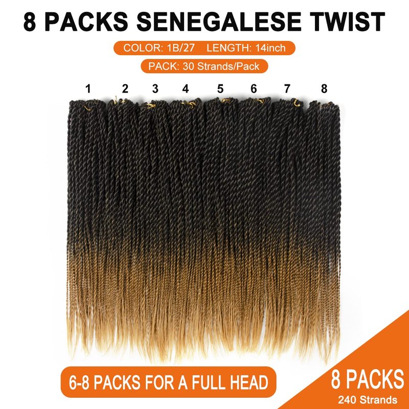 NAYOO Senegalese Twist Crochet Hair - 8 Packs 14 Inch Small Crochet Hair for Braiding, 30 Strands/Pack Braid Crochet Hair For Women, Crochet Twist Hair Braiding Hot Water Setting(14 Inch,1B/27)