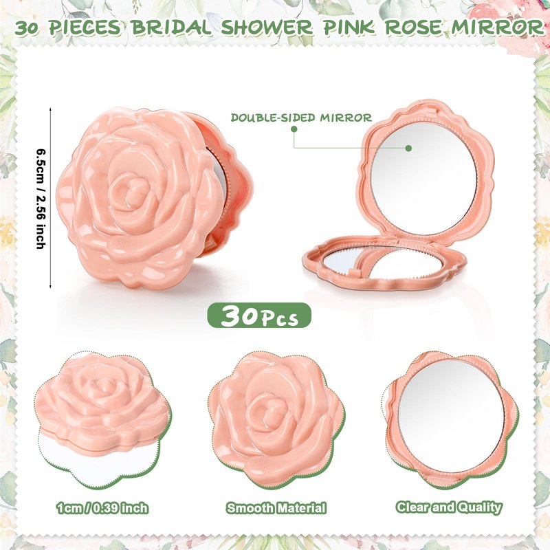 XunYee 30 Sets Rose Compact Mirror Bulk Bridal Shower Favors for Guests Mother's Day Souvenir Gifts Hair Ties Elastic Scrunchies, Thank You Card and Organza Bags for Wedding Quinceanera(Pink)