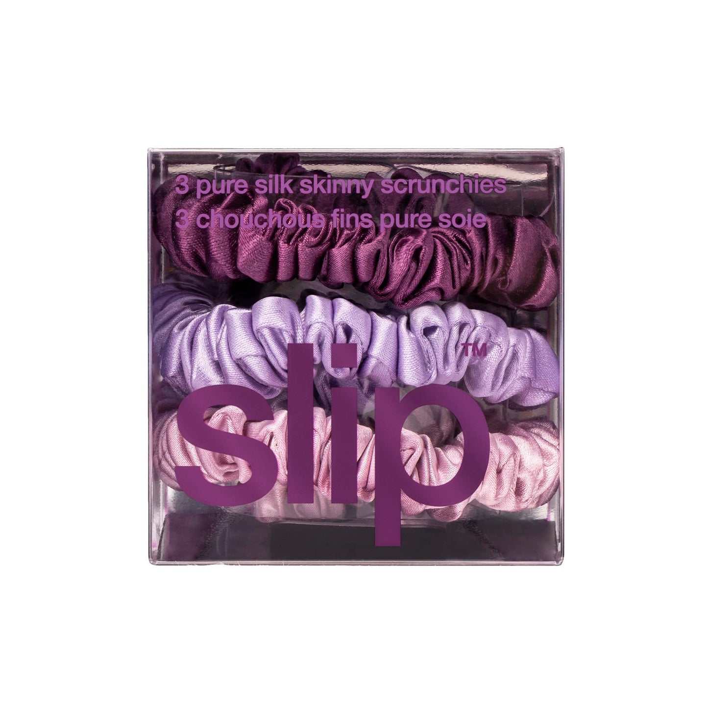 SLIP Silk Hair Ties — Skinny Scrunchies, No Damage, No Crease, Anti-Breakage | 100% Mulberry Silk | All Hair Types | Made with Proprietary Slipsilk™ | Set of 3, Amazon Exclusive, Violet
